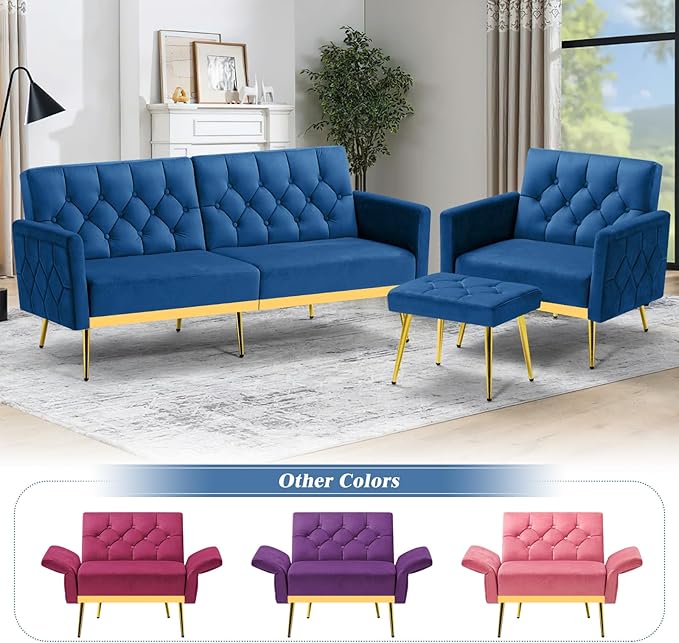 Velvet Accent Chair w/Adjustable Armrests and Backrests, Tufted Single Sofa with Ottoman, Upholstered Reading Chiar for Living Room, Apartment, Bedroom, Blue