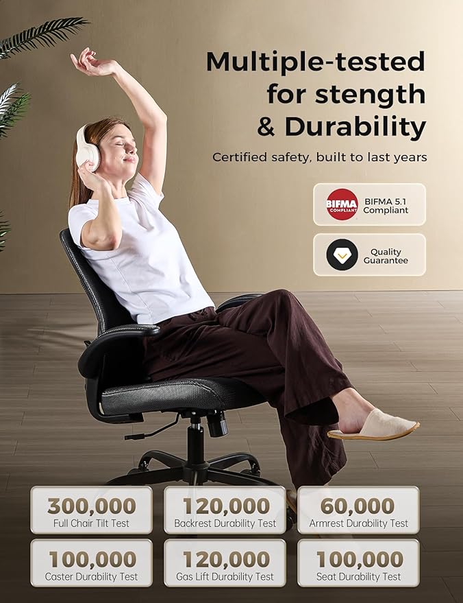 Office Chair, Mesh Ergonomic Desk Chairs, Comfy Computer Gaming Chair with Adjustable Height & Flip-up Armrest, Lumbar Support & Swivel Function for Home Office (Black)