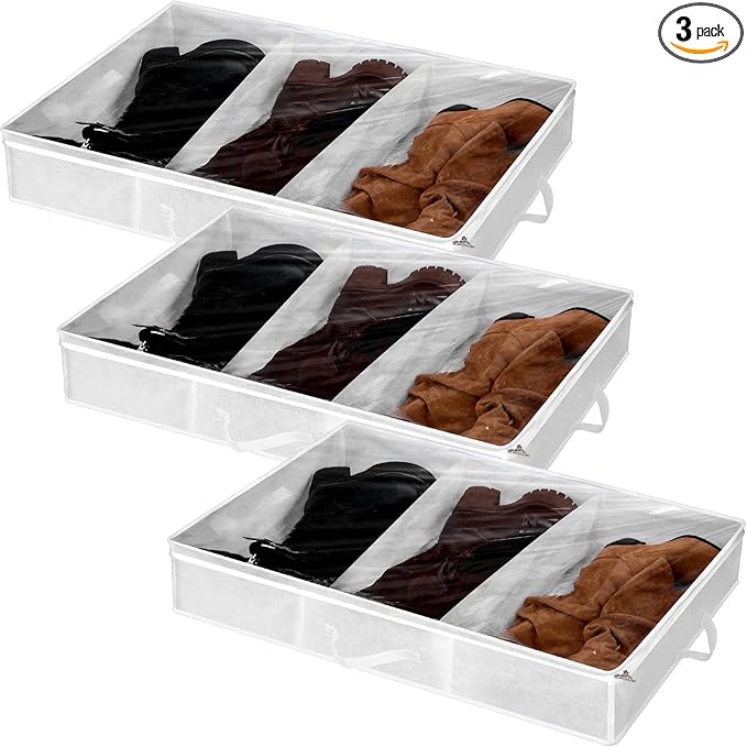 SATINIOR 3 Pcs 3 Section Under Bed Shoe Storage Boot Bag White Underbed Shoe Organizer with Large Clear Pockets Fabric for Storage Men's and Woman's Boots