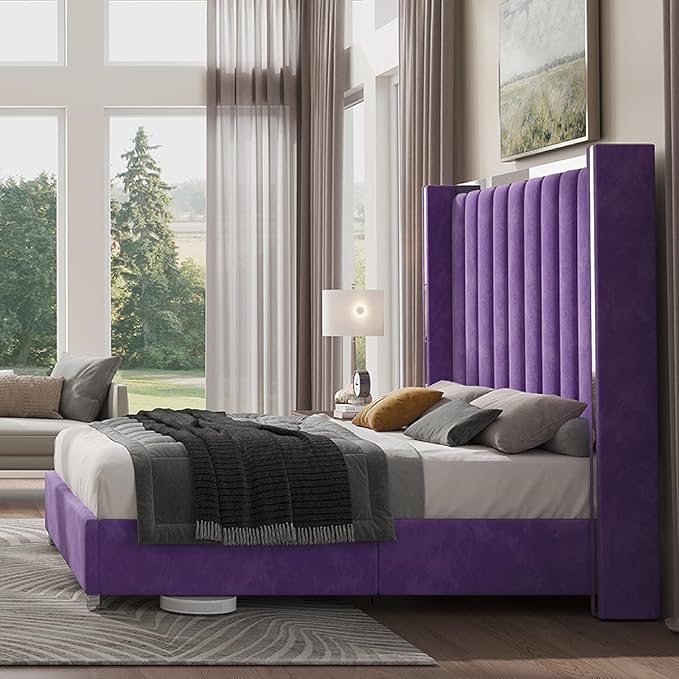 Jocisland King Size Bed Frame with 58" Tall Headboard, Velvet Upholstered Platform Bed with Channel Tufted Wingback Headboard and Plating Trim, No Box Spring Needed, Purple