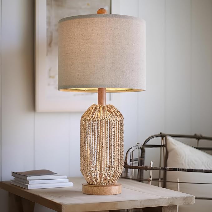 OYEARS 21" Boho Table Lamp for Living Room, Bedside Lamp for Nightstands, Rattan Lamp for Bedroom, Farmhouse Table Lamp for Room Decor, End Table, Retro, Brown, 1 Pack