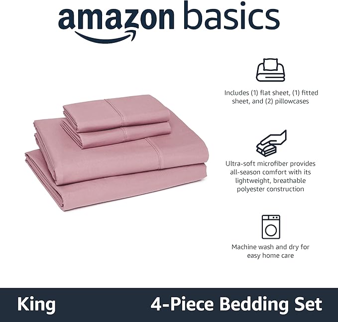 Amazon Basics Lightweight Microfiber 4-Piece Bed Sheet Set, Rose, Solid, King