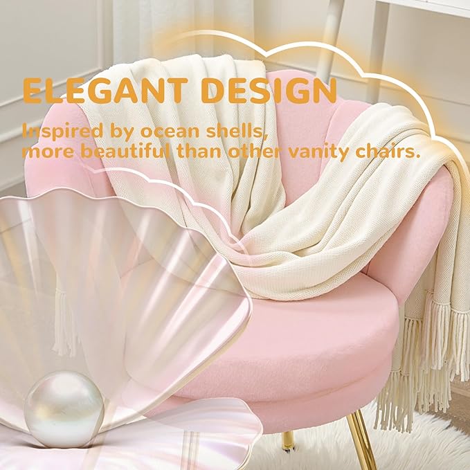 Fluffy Faux Fur Vanity Chair with Back, Mid-Century Modern Small Accent Chair for Living Room, Golden Metal Legs Upholstered Makeup Chair, 1Pcs Bedroom Armchair, Pink