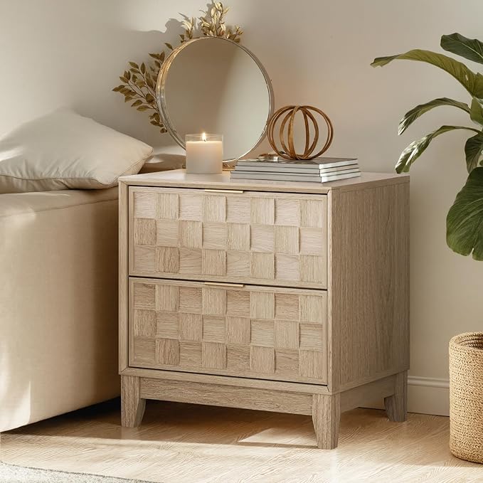 COLAMY Nightstand with Charging Station, 22" Modern Bed Side Table with 2 Storage Drawers and Chessboard Relieffor Bedroom, Dorm and Small Spaces - Oak