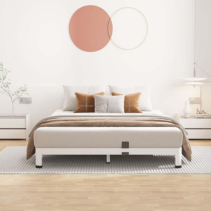 ROIL 4 Inch White Full Bed Frame with Rounded Corner and Mattress Retainers, 3500LBS Heavy Duty Steel Slats No Box Spring Needed Platform Noise-Free Easy Assembly