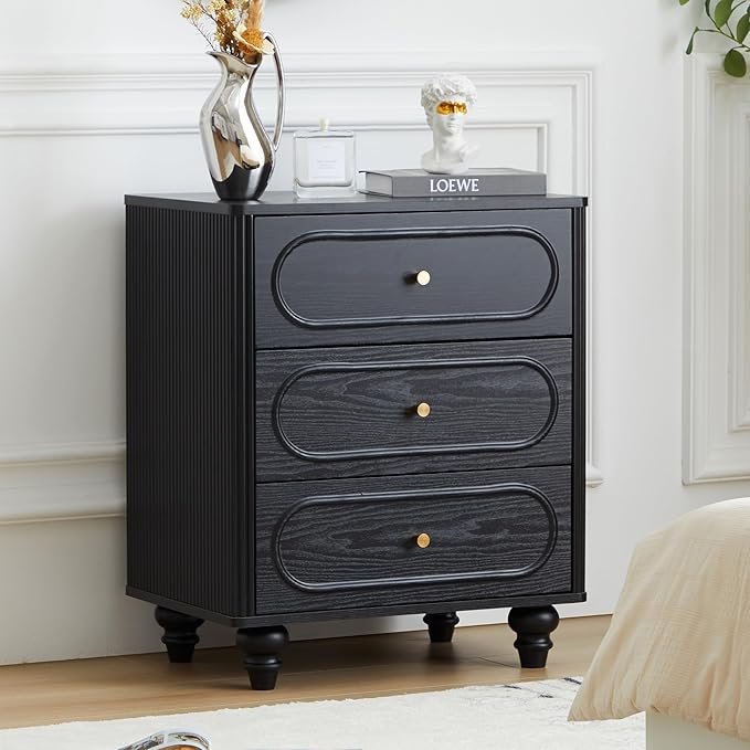 Fluted 3 Drawer Dresser for Bedroom, Modern Mid Century Chest of Drawers, Wood Storage Small Dresser Organizer for Bedroom Living Room Hallway Closet, Black