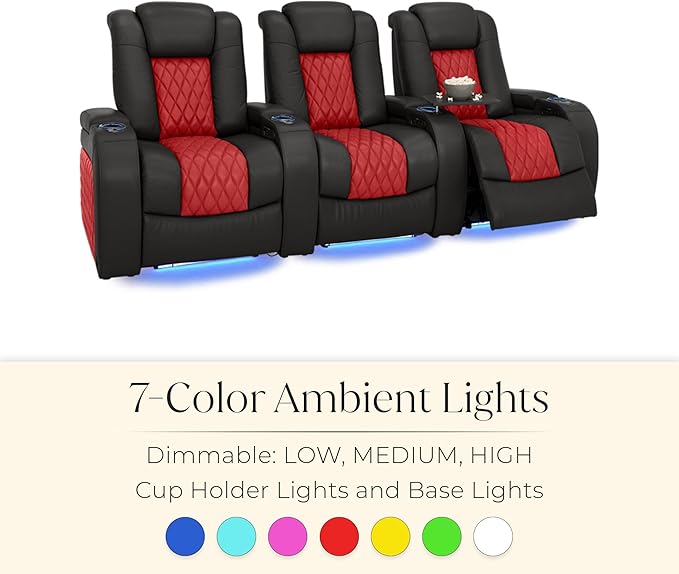 Seatcraft Diamante Zero-Gravity CoolZero Italian Leather Home Theater Seating, Power Headrest, Power Recline, Row of 5 Sofa, Black/Red