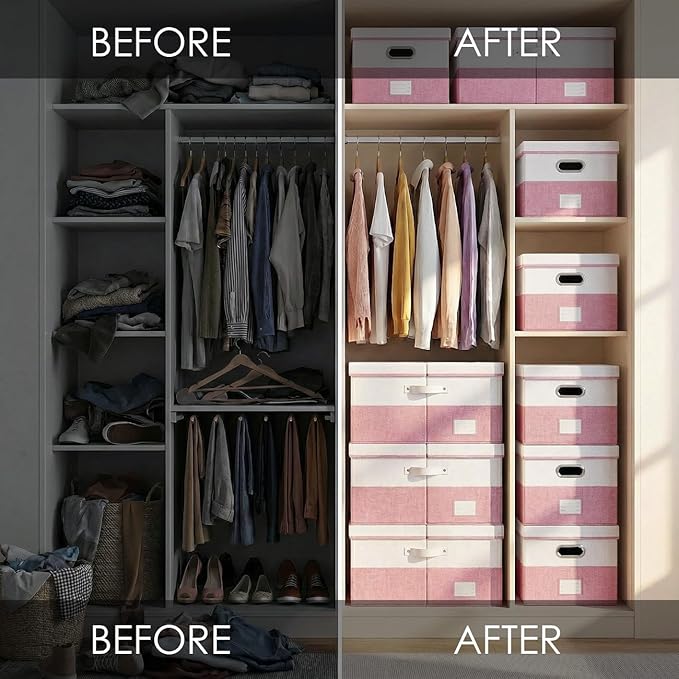 PRANDOM Collapsible Storage Bins with Lids [3-Pack] Linen Fabric Foldable Storage Boxes Organizer Containers Baskets Cubes with Cover for Bedroom Closet Nursery Pink&White (23.4X15.9X11.4)