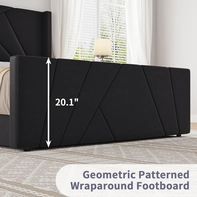 BarnFurin Full Size Upholstered BedFrame, Velvet Platform Bedwith Geometric TuftedHeadboard& Footboard, Wingback Design, attress Foundation with Wooden Slats, No Box Spring,Needed NoiseFree.Black