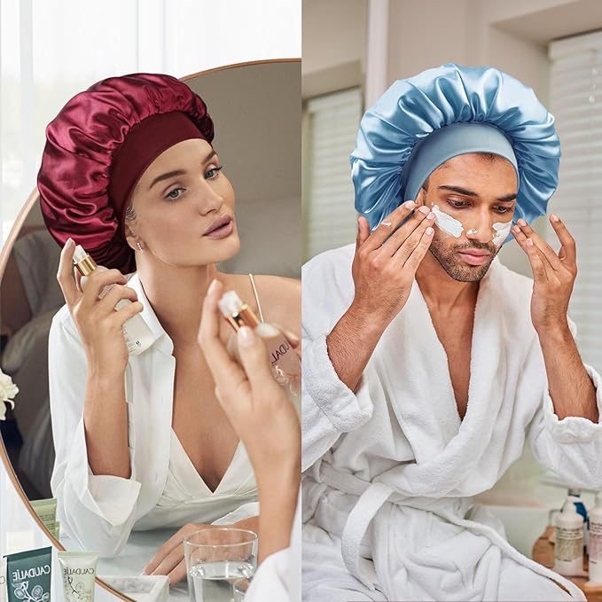 Satin Silk Bonnet for Sleeping, Double Layer Silk Sleep Cap for Men & Women, Soft Satin Lined Bonnet for Curly Hair