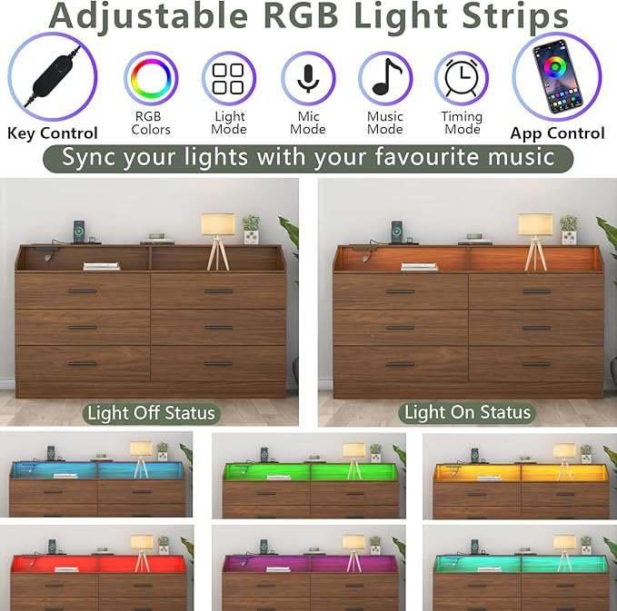 6 Drawer Dresser with Power Outlet, Chest of Drawers with LED Light, Modern Dresser with Open Storage Cubby, Double Wide Dressers Organizer for Bedroom, Living Room, Entryway,Hallway
