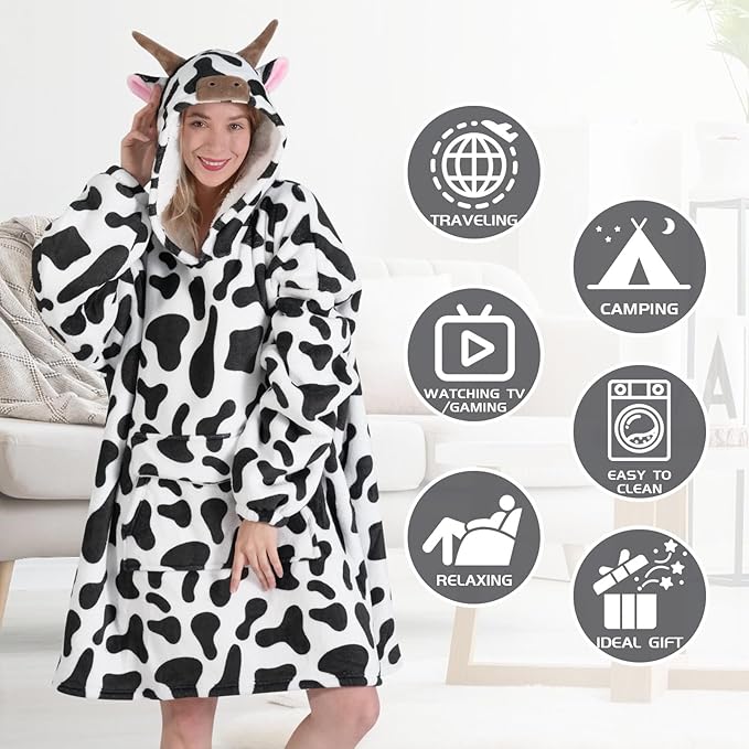 Wearable Blanket Hoodie for Adult,Oversized Sherpa Fleece Blanket Hoodie for Women Men,Cow Print