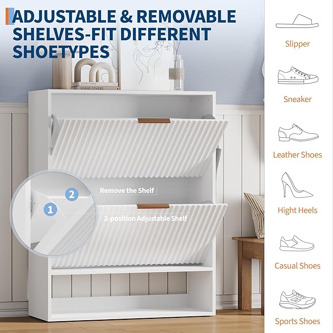 Garvee Fluted Shoe Storage Cabinet, Slim Hidden Shoe Rack Cabinet with 2 Flip Drawers & Bottom Open Shelf, Freestanding Entryway Organizer, Perfect for Closet, Hallway, Foyer, White