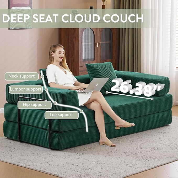 4-in-1 Convertible Folding Sleeper Sofa Bed, Fold Out Floor Sofa Couch with Fixed-Shape Frame, Cloud Corduroy Foldable Mattress Couch for Living Room Bedroom (78.5" Corduroy, Dark Green)