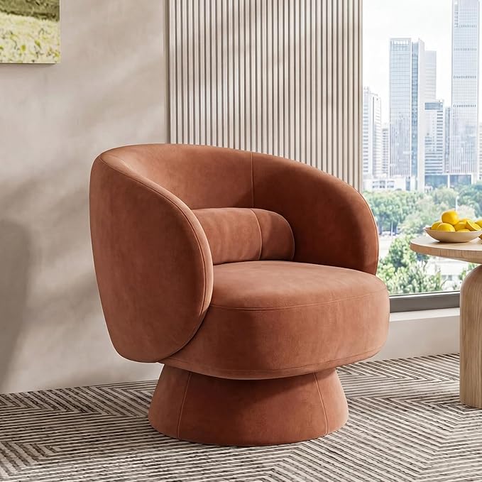 Swivel Accent Chair, Modern 360 Degree Swivel Barrel Chair with Arms & Curved Back and Lumbar Support Cushion, Comfy Round Single Sofa for Small Space, Living Room, Bedroom, Dark Rust Rayon