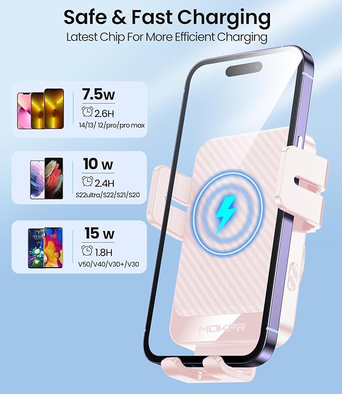 MOKPR Wireless Car Charger, 15W Fast Charging Auto-Clamping Car Mount Hands-Free Car Charger Mount for Dash Windshield Air Vent Compatible with iPhone 16 15/14/13/12, Samsung S23/S22/S21 Pink