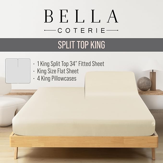 Bella Coterie 6 Piece Luxury Bamboo Viscose Split Top King Size Sheet Set | 34" Split for Adjustable Beds | 100% Organically Grown| Cooling | 18” Deep Pocket | 4 Pillowcases [Ivory]