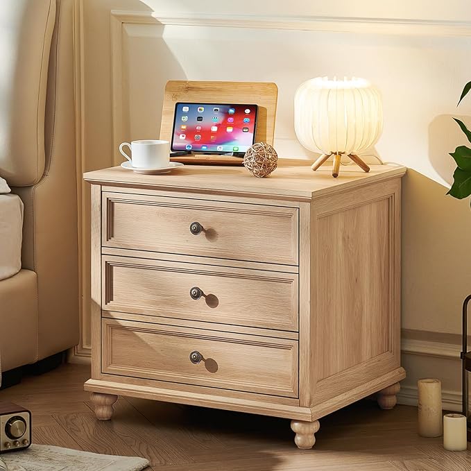 24" Wide Farmhouse Night Stand Set of 2,Large End Table with 3 Drawers & Metal Handle,Natural Wood Dresser for Bedroom Cabinet, Bed Side Table Chest of Drawers,Nightstand for Living Room
