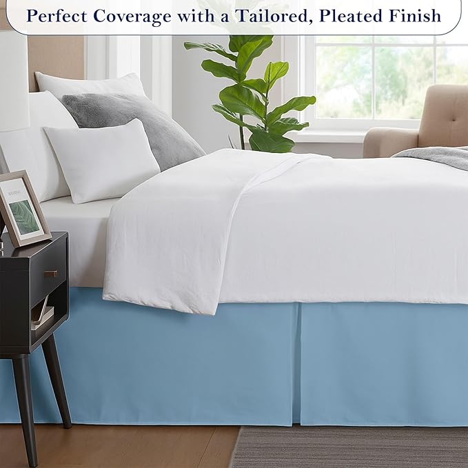 Queen Bed Skirt, Luxury 14 Inch Drop Light Blue Pleated Bed Skirt, Double Brushed Microfiber, Box Pleat Design, Wrinkle & Fade Resistant, Easy Fit Tailored Bedskirt for Queen Size Beds