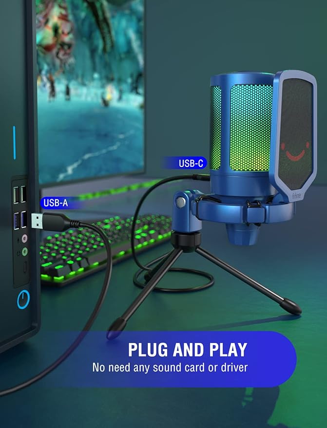 FIFINE Gaming Streaming USB PC Microphone for Mac OS/Windows, AmpliGame Condenser Cardioid Mic with RGB for Video Vocal Recording Twitch Discord, Gamer Computer Mic-Blue