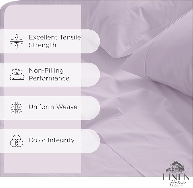Linen Home 100% Cotton Percale Sheets Full Size, Iris Lilac, Deep Pocket, 4 Pieces Set - 1 Flat, 1 Deep Pocket Fitted Sheet and 2 Pillowcases, Crisp Cool and Strong Bed Linen