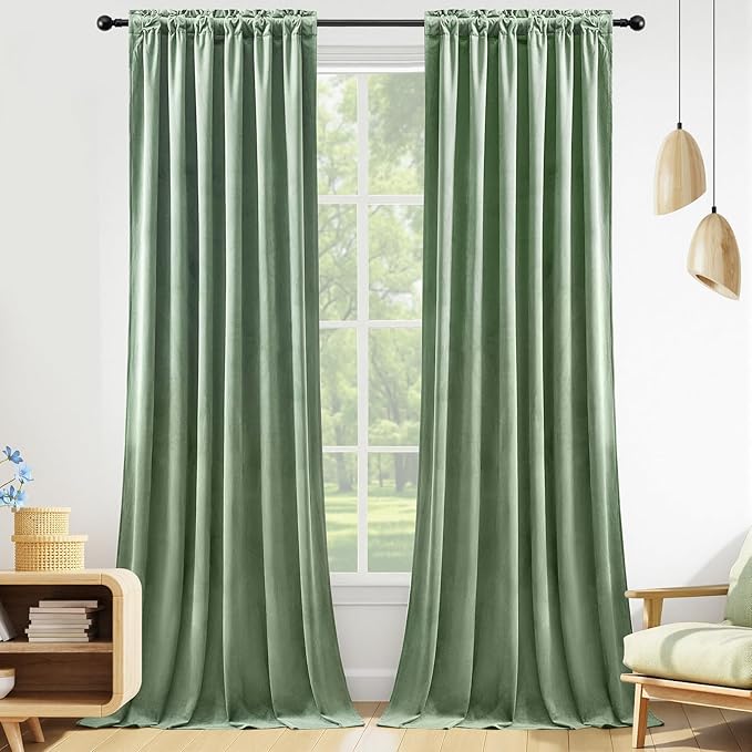 AUSSPVOCT Sage Green Velvet Curtains 96 Inches for Bedroom, Thermal Insulated Super Soft Room Darkening Curtains Luxury Window Drapes for Living Room Nursery, Back Tab Rod Pocket, W52 x L96, 2 Panels