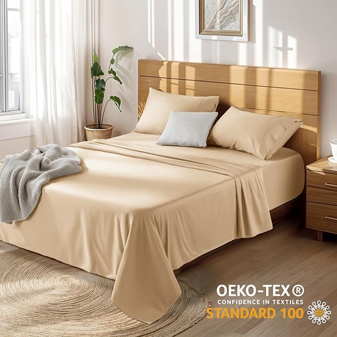 LBRO2M 100% Cotton Sheets Set Deep Pocket 19", 1000 Thread Count King Size 4 Piece Bed Sheet Sets Soft Comfortable Bedding All Season (King, Cream)