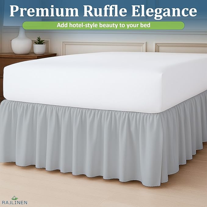 Rajlinen Ruffled Bed Skirt Queen, 16 Inch Drop Dust Ruffle with Split Corners, 100% Microfiber Bedskirt with Platform, Three-Sided Coverage Ruffled Gathering Design, Light Grey