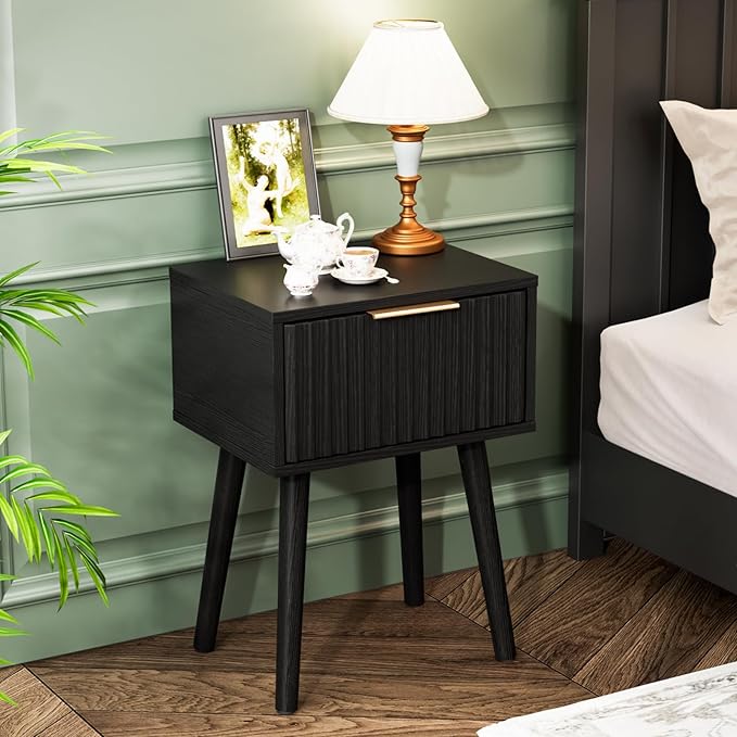 VINGLI Night Stand Set 2, Fluted Nightstands with Drawer, Mid Century Modern Nightstands Set of 2, Bedside Table, End Table, Wood Nightstand for Bedroom, Black, 15.75" W*11.81" D*21.85" H
