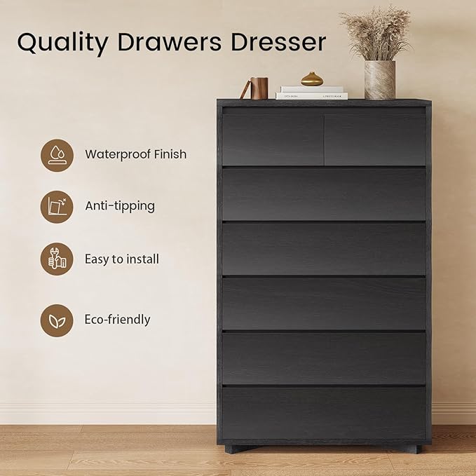 Black Tall Dresser for Bedroom, 52.8" Tall Dresser with 7 Drawers, Wood Dressers & Chests of Drawers, Accent Upright Drawer Organizers for Closet, Hallway