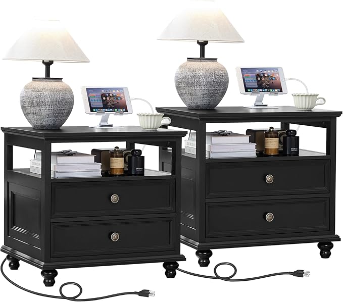 Farmhouse Nightstand Set of 2 with Charging Station, 24" Wide End Table with 2 Drawers,Wood Dresser for Bedroom,Black Bed Side Table Chest of Drawers Cabinet,Night Stand for Living Room