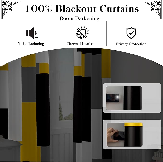Yellow 100% Blackout Curtains 45 inch Length 2 Panels Set Black White Grey Modern Abstract Geometric Drapes for Kitchen Black Out Curtains Insulated Room Darkening Small Window Curtains, 42Wx45L