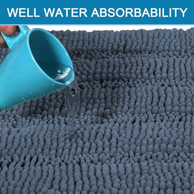 H.VERSAILTEX Bath Rugs for Bathroom Non Slip Bath Mats Thick Chenille Striped Bath Rug Runners 47" x 17" Absorbent Fluffy Soft Shaggy Mats Dry Fast Plush Area Carpet for Bath Room - Blue Indigo