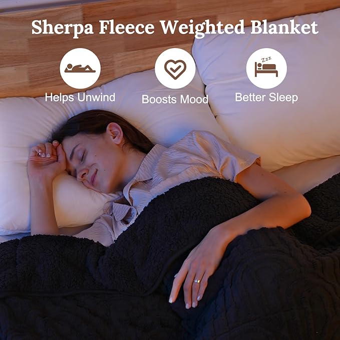 Sherpa Fleece Adult Weighted Blanket Great for Sleep, 15 lbs Dual Sided Soft Fuzzy Heavy Blankets for Couch Bed Sofa, Cozy Warm Fluffy Arched Jacquard Throw for Winter (Black, 48" x 72", 15 Pounds)