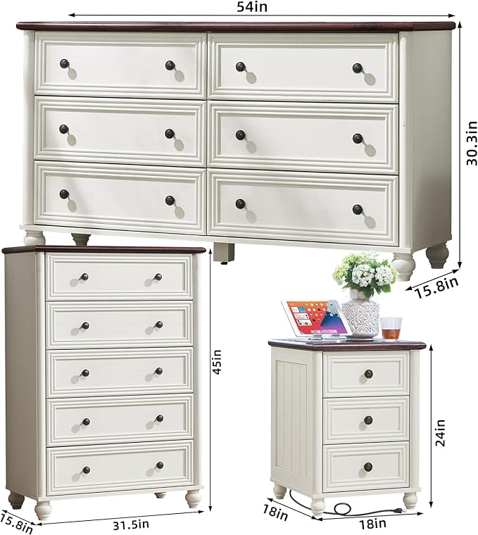 Farmhouse Dressers & Night Stand Set of 4, Wood 54" Wide Dresser & 45" Tall Chest of Drawers, 18" with Charging Station Nightstand Set of 2, Bedroom Furniture Dresser Set for Home Living Room Hallway