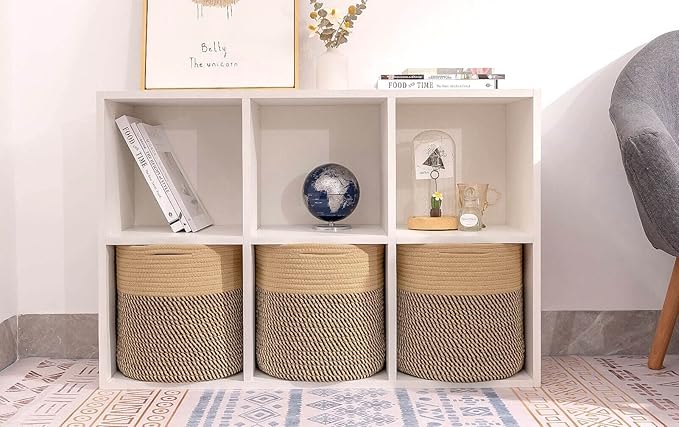 voten Storage Cubes Baskets Bins Organizer 11x11x11'' Fit 12x12''Cube Storage Organizer Bookcases Shelf,Durable Woven Cotton Storage Basket for Organizing,Round 3Pack Camel/Mixed Black