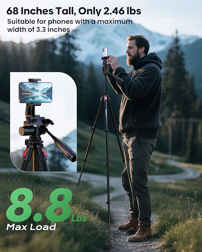 68" Lightweight Camera Tripod Stand, Compact Portable Travel Aluminum Tripod for DSLR/SLR, Compatible with Canon/Nikon/Phone (Supports 8.8 lbs, Weighs 2.46 lbs) Black