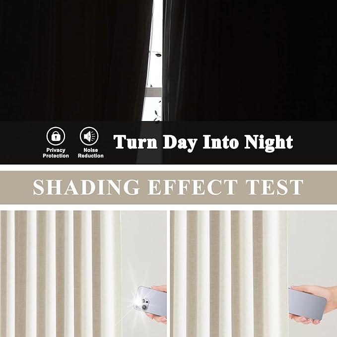 Vision Home Natural Linen Full Blackout Curtains for Bedroom Living Room Darkening Soundproof Window Curtains 102 inch Thermal Insulated Rod Pocket Back Tab Linen Drapes 2 Panels 56" Wx102 L