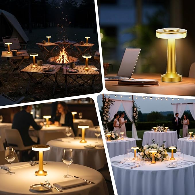 VIHOSE Cordless Table Lamps LED Portable Rechargeable Table Lamp with Touch Sensor 3 Color Dimming up to 15 Hours Battery Desk Light for Restaurant Nursery Living Room(Gold,36 Pcs)