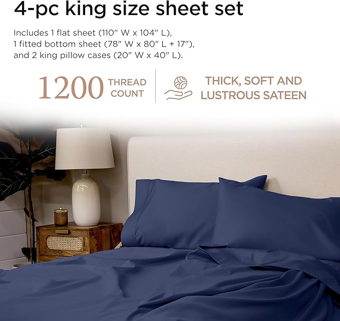 Threadmill American Supima King Size Cotton Sheets, 1200 Thread Count, 4 Piece Luxury Bed Sheets for King Mattress, 5 Star Hotel Quality Sheets with Elasticized Extra Deep Pocket, Folkstone Blue