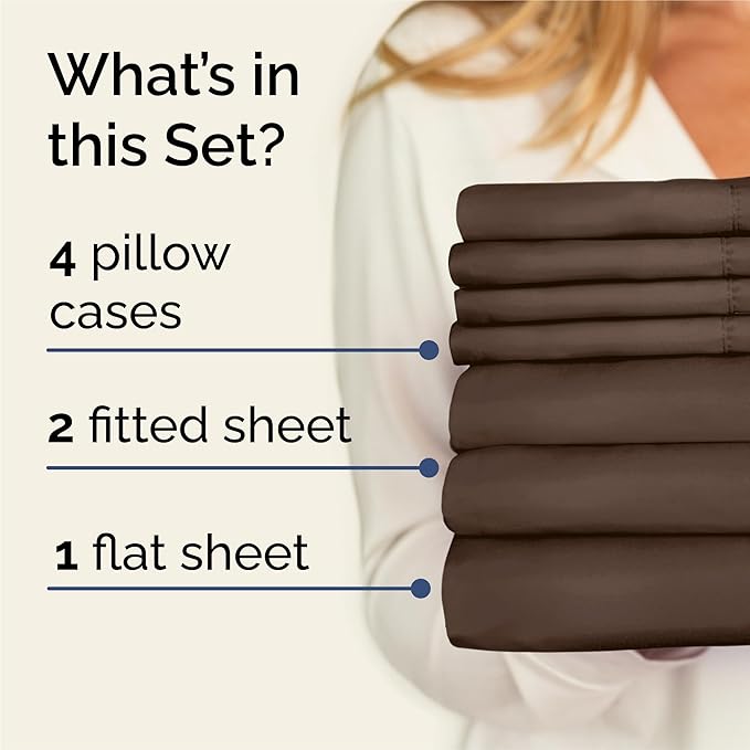 Split King 7 Piece Sheet Set - Cooling & Breathable - Hotel Luxury Bedding - Includes Fitted Sheets for Women, Men, Kids and Teens - 1 Flat, 2 Fitted Sheets, 4 Pillowcases with Deep Pockets - Brown