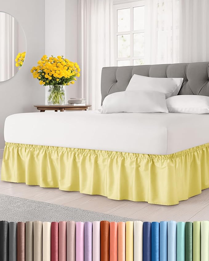 Wrap Around Dust Ruffle Bed Skirt - Yellow - for Full Size Beds with 24 Inch Drop - Easy Fit Elastic Strap - Adjustable Pleated Bedskirt w/Brushed Fabric - Wrinkle Free - for Women, Men, Kids & Teens
