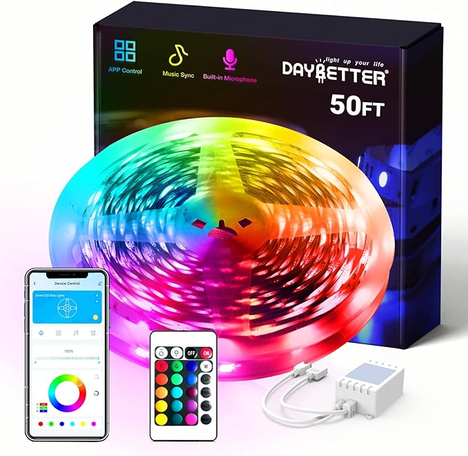 DAYBETTER Smart RGB Led Strip Lights, 50ft Led Lights for Bedroom with App Control, Multicolor Changing Led Light Strips Apply for Home Decor, Living Room, Kitchen, Home Party Decoration