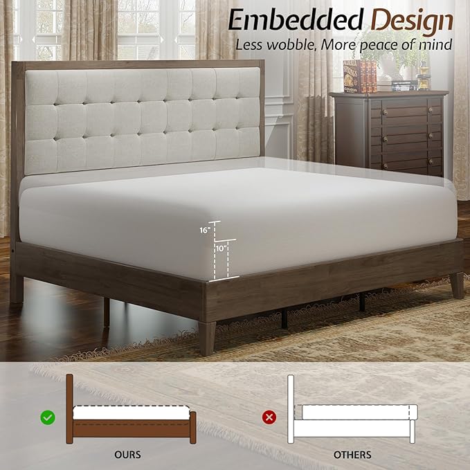 Jocisland Wood King Size Bed Frame,Tall Upholstered Tufted Headboard, Solid Wood Platform, No Box Spring Needed, Ash Gray