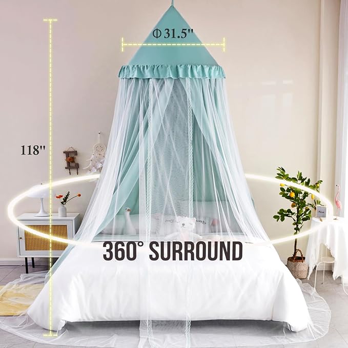 Kertnic 31.5inch Large Dome Bed Canopy for Girls, Double Layer Dreamy Ruffle Princess Canopy, Bedroom Hanging Tent Kids Reading Nook Canopies,Full Queen Bed Canopy Curtain (Green)