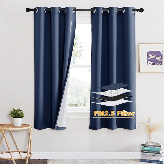 RYB HOME Soundproof Curtains for Bedroom, PM2.5 Particle Filter 100% Blackout Energy Saving Small Window Curtains for Baby Nursery Living Room Home Office, Navy Blue, W 42 x L 63 inches, 2 Pcs