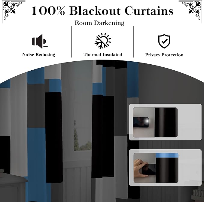 Light Blue 100% Blackout Curtains for Bedroom 84 inch Length 2 Panels Set Grey Modern Abstract Geometric Black Out Curtains Insulated Room Darkening Window Drapes for Living Room, 42Wx84L