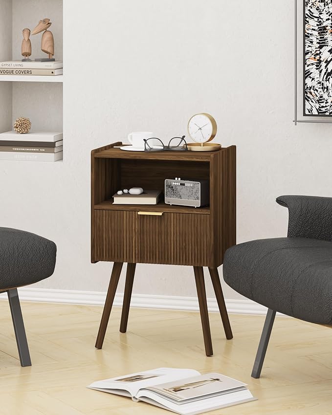 Nightstand,Modern Bedside Table with Storage Drawer and Open Wood Shelf, for Living Room, Bedroom and Small Spaces, Accent Night Stand with Solid Wood Legs, Easy Assembly,Walnut Brown
