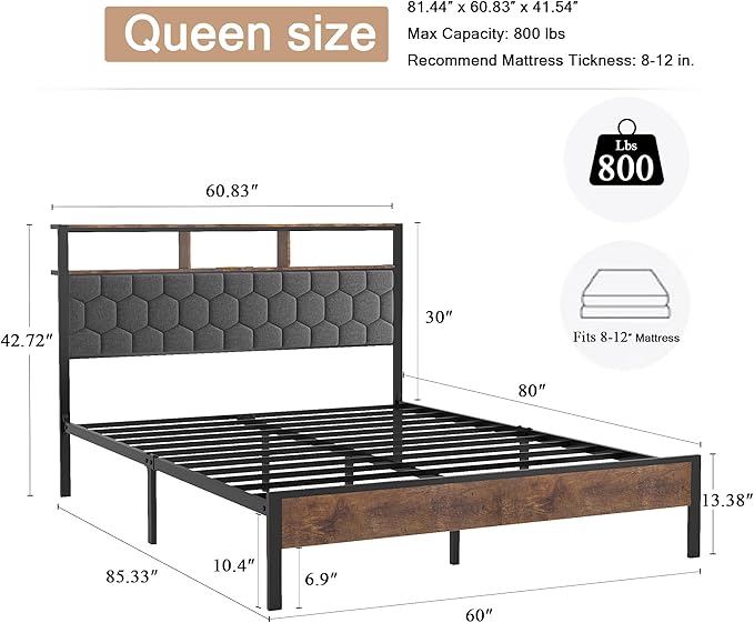 Queen Size Bed Frame with Storage Headboard & Charging Station, Platform Bedframe with LED Lights, Upholstered Headboard, Metal Slat Support, No Box Spring Needed