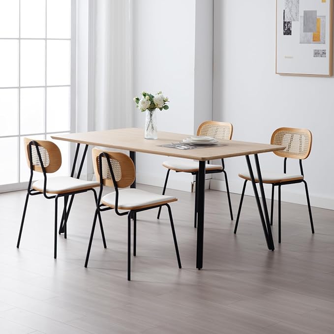 HEAH-YO Dining Chairs Set of 4, Upholstered Faux Leather Rattan Dining Chairs with Backrest and Metal Legs, Armless Kitchen Rattan Chairs for Dining Room, White